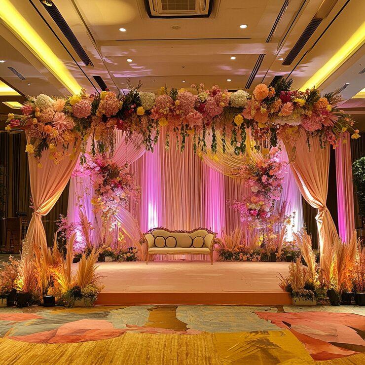 Choice Resort Bhopal – Wedding Decoration Setup Indoor banquet hall decorated for a wedding at Choice Resort Bhopal